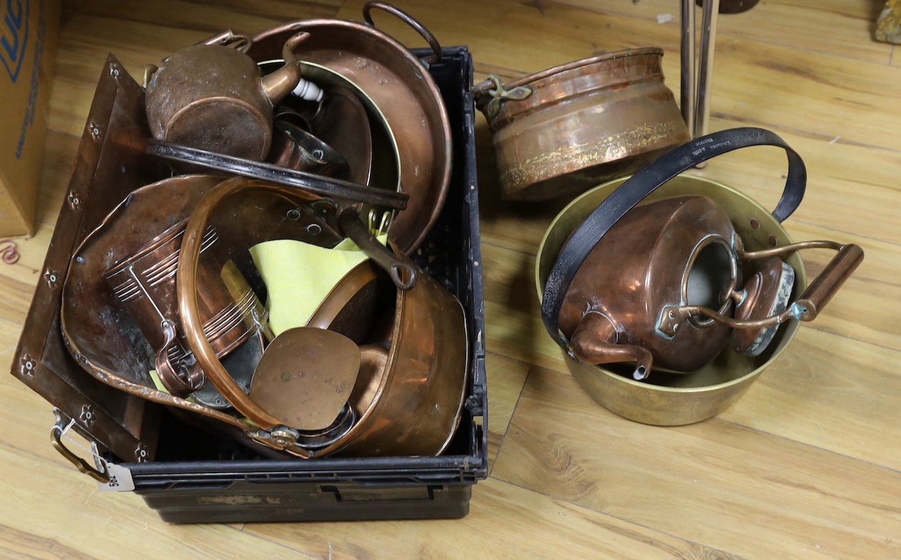 Mixed copper kettles, brass pot, a copper scuttle etc.